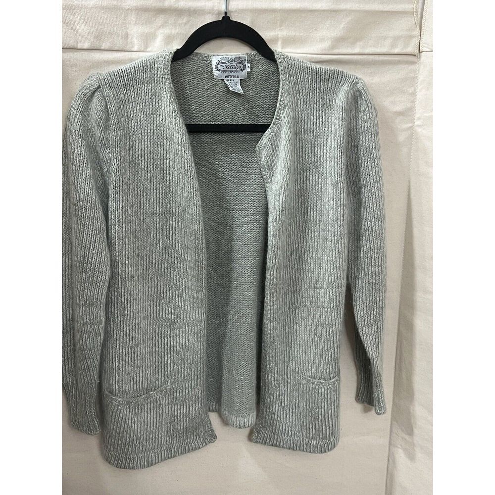The Villager‎ Petites Angora Rabbit Hair Blend Sage Cardigan Sweater Pockets S/M